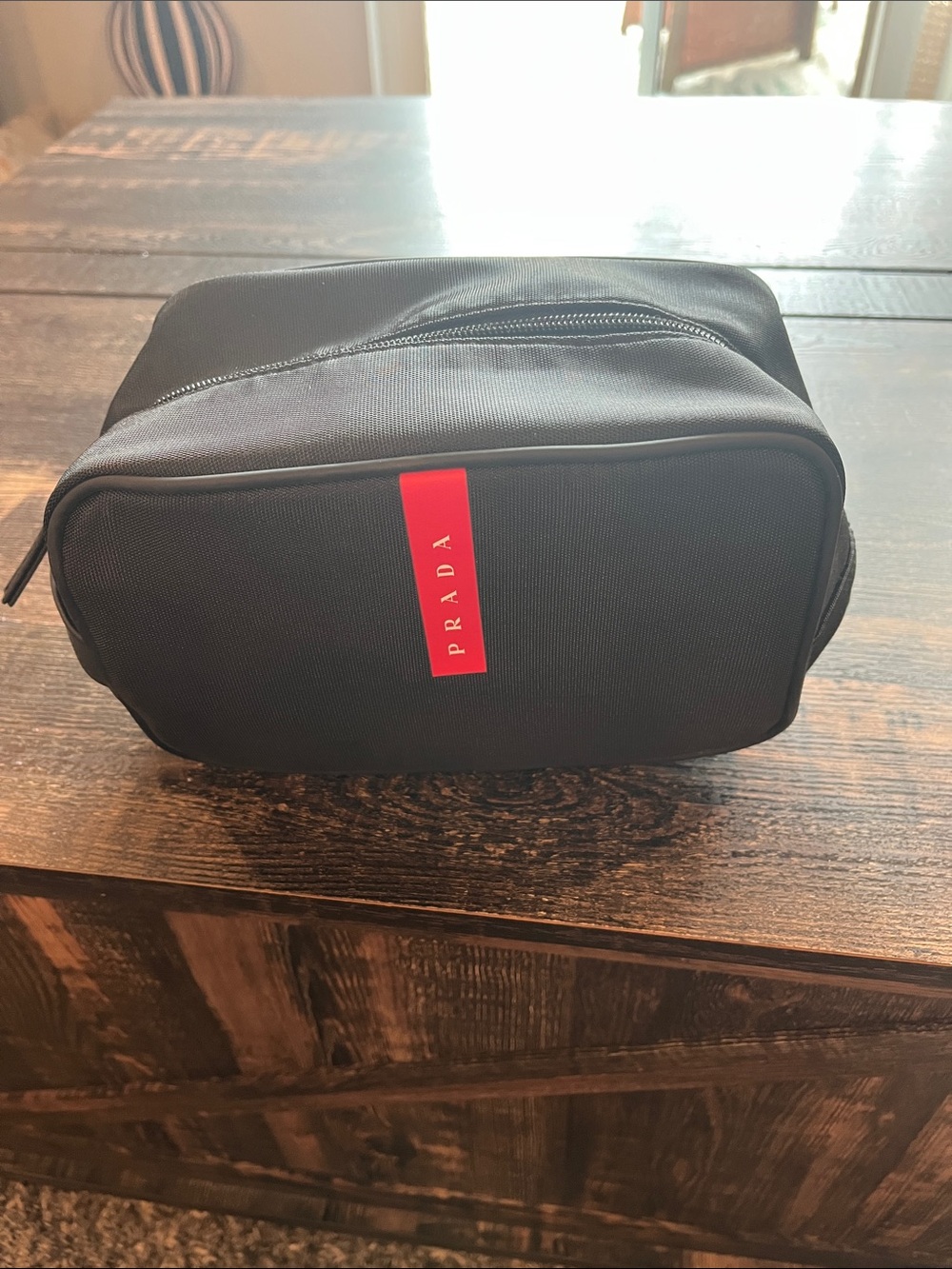 Prada Black Nylon Toiletry Pouch with Red Logo Tab
